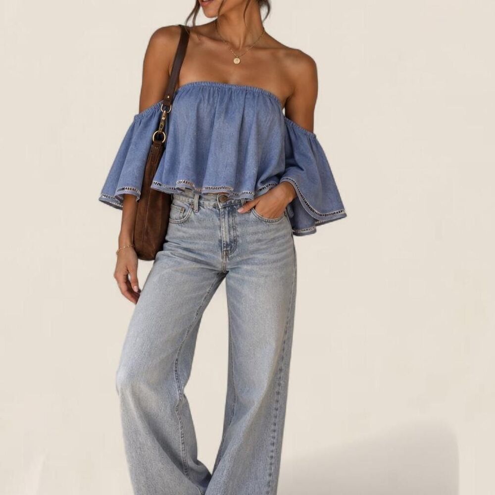 Karina Grimaldi Eden Blue Linen off shoulder Bell Sleeve Top Medium